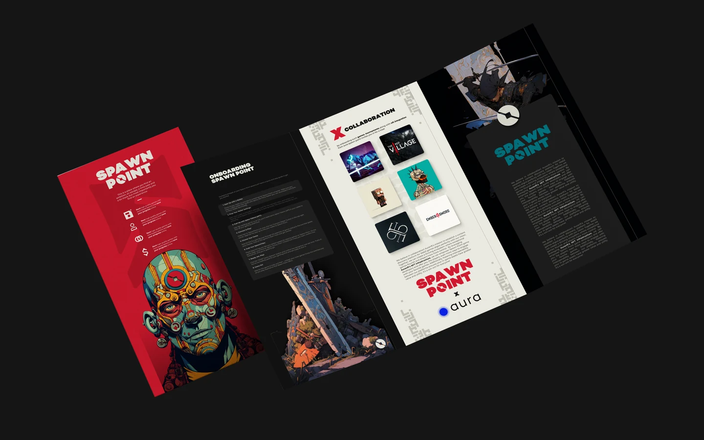 Tri-fold brochure mockup: the folded cover with the Spawn Point wordmark and a character, beside the open inside with onboarding steps, partner games and the Spawn Point page.