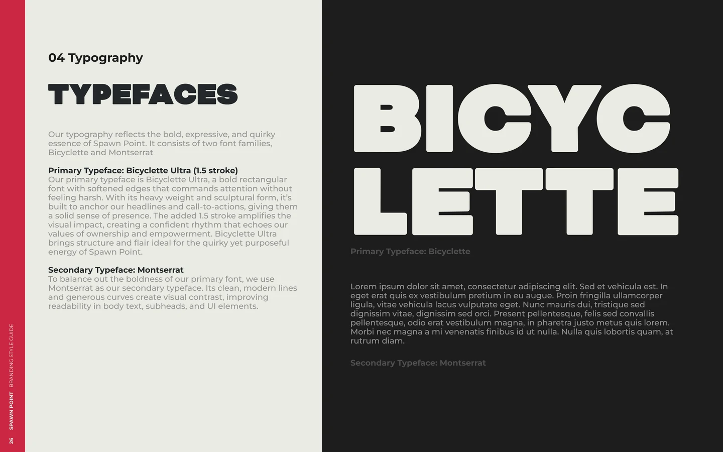 Brand book typefaces page: Bicyclette and Montserrat.