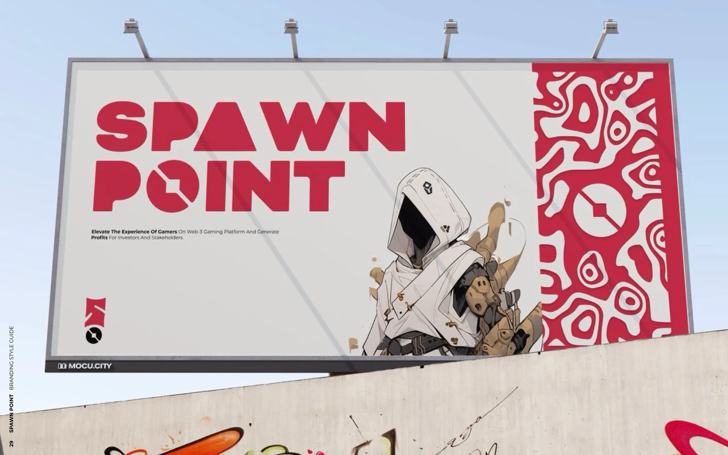Spawn Point billboard: crimson wordmark, the hooded character and a crimson topographic pattern panel.