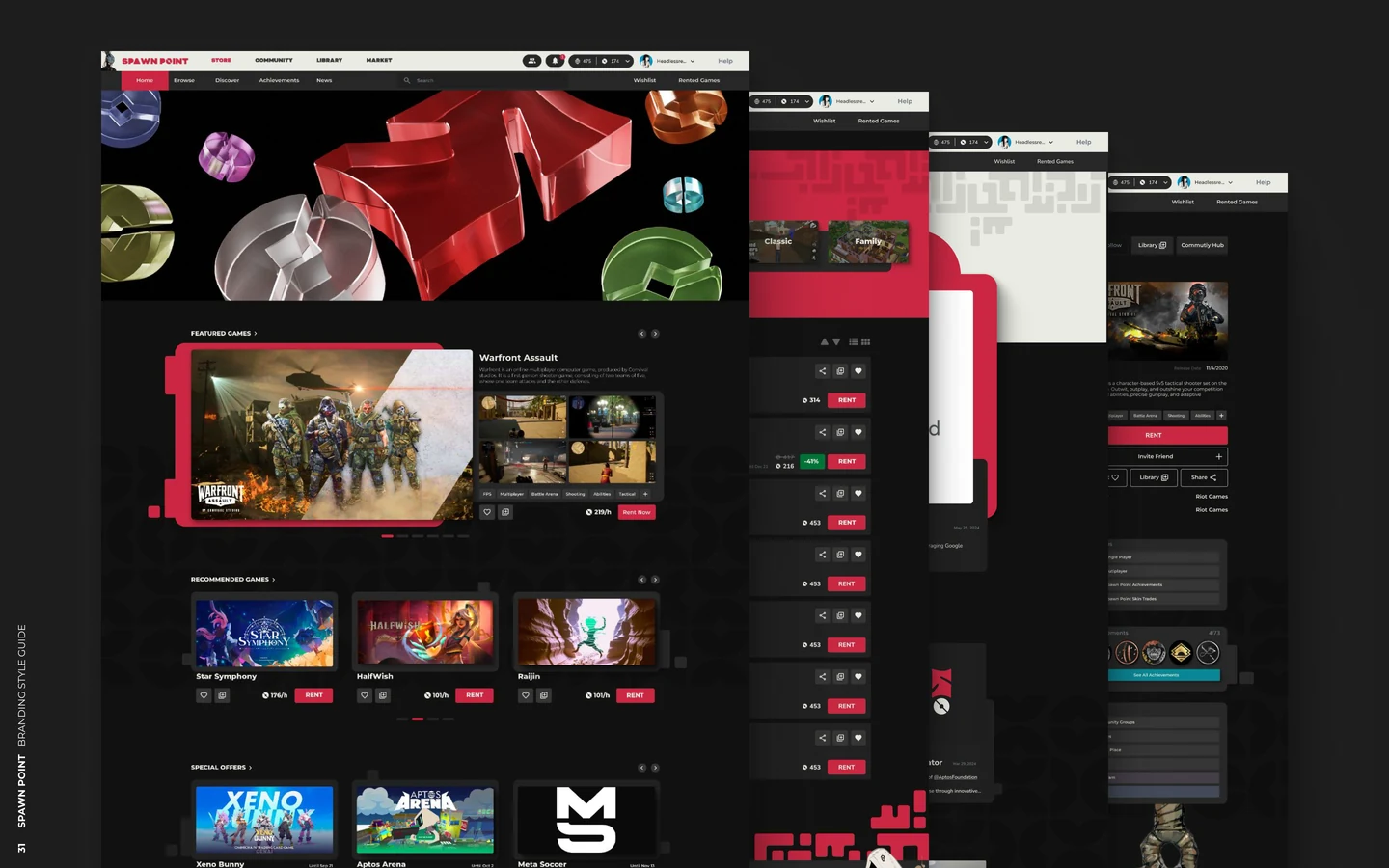 Website mockup: the Spawn Point store home page with a 3D mark banner and featured games, with more screens stacked behind it.