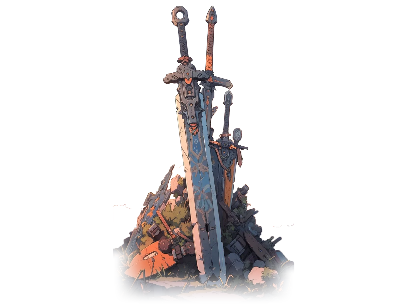 Giant swords planted in a rocky mound.
