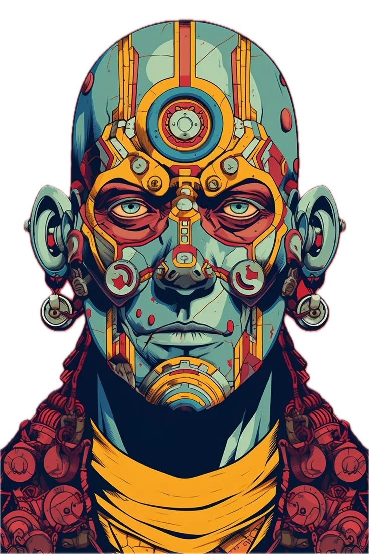 A cyborg face with teal skin and gold circuitry.
