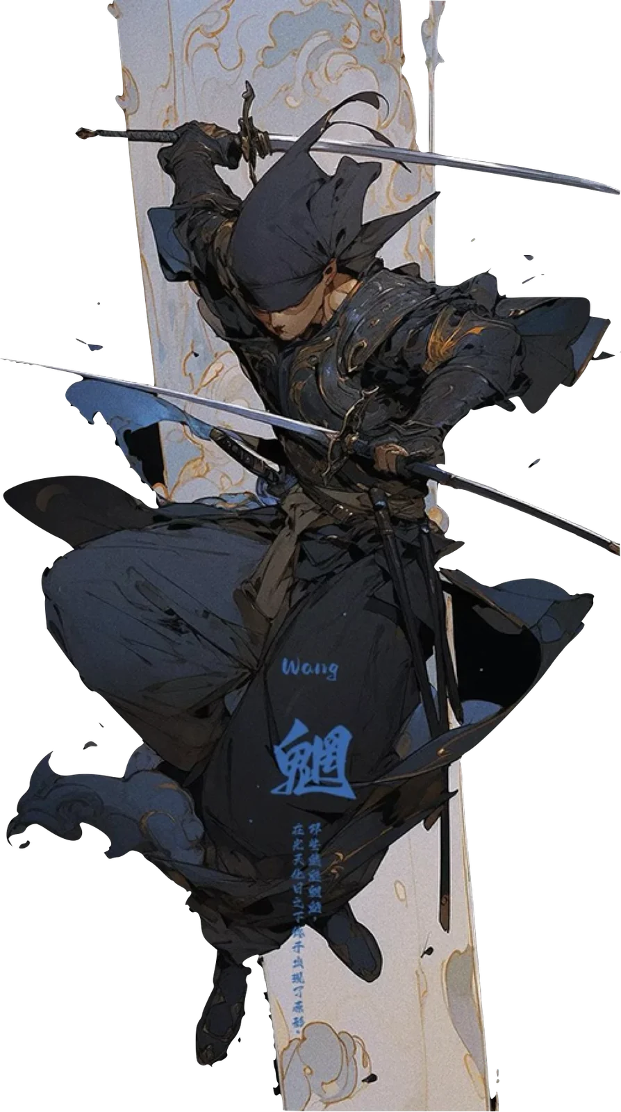 A dark-clad samurai leaping with swords drawn.