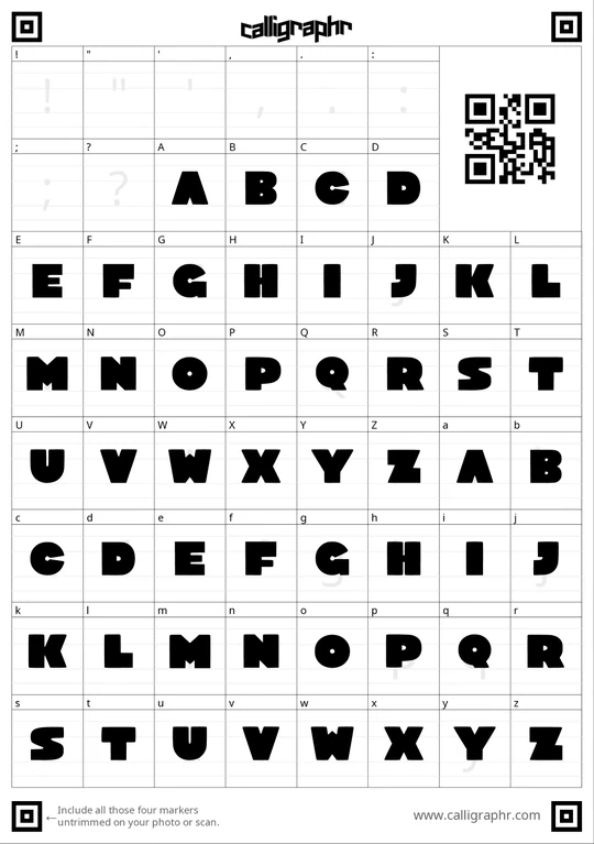 A font template filled with a heavy, rounded alphabet: the capitals A to Z, drawn again in the lowercase cells.