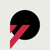 A black circle cut by a crimson slash.