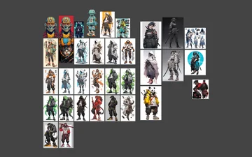 A grid of character references: streetwear and techwear figures, cyborg faces and armoured samurai.