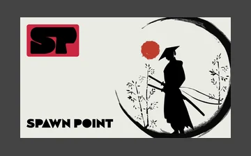 An early card: a crimson SP monogram and the SPAWN POINT wordmark beside an ink samurai under a red sun.