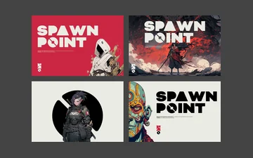 Four banners: the SPAWN POINT wordmark with a hooded figure on crimson, a samurai in crimson smoke, an armoured warrior before the coin, and a cyborg face.