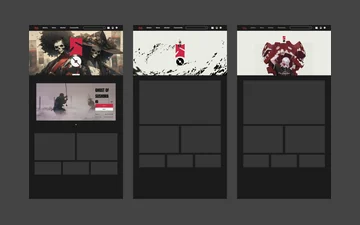 Three home page visualisations side by side, each with a key-art header over grey wireframe blocks.