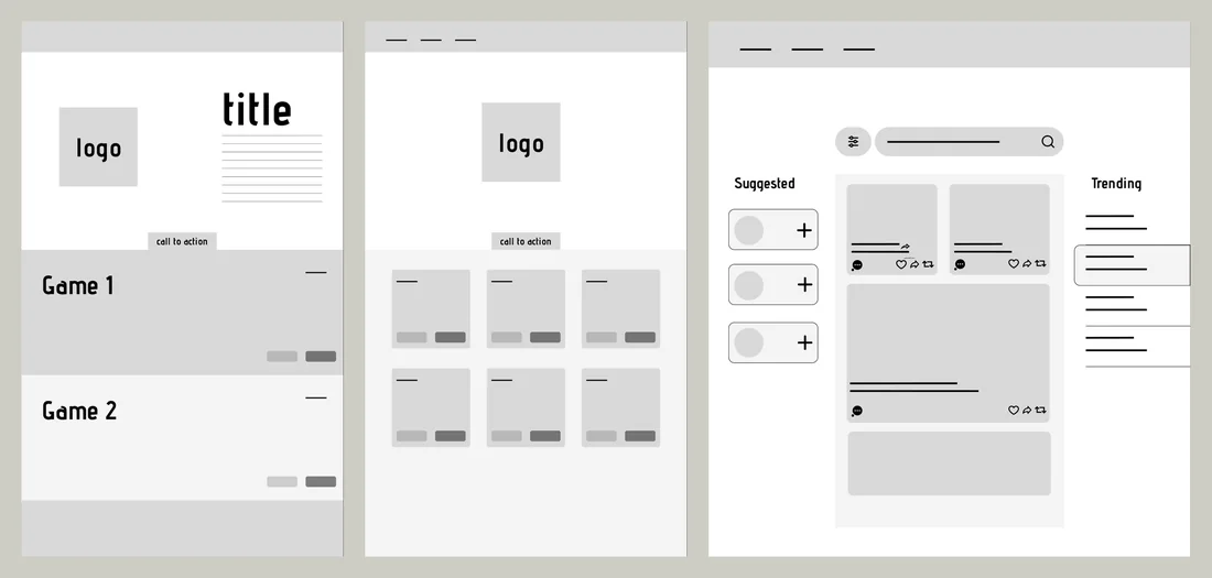 Three grey lo-fi pages: a home page with a logo, a title and two game rows; a second home page with a grid of game cards; and a community feed with suggested people, posts and trending topics.
