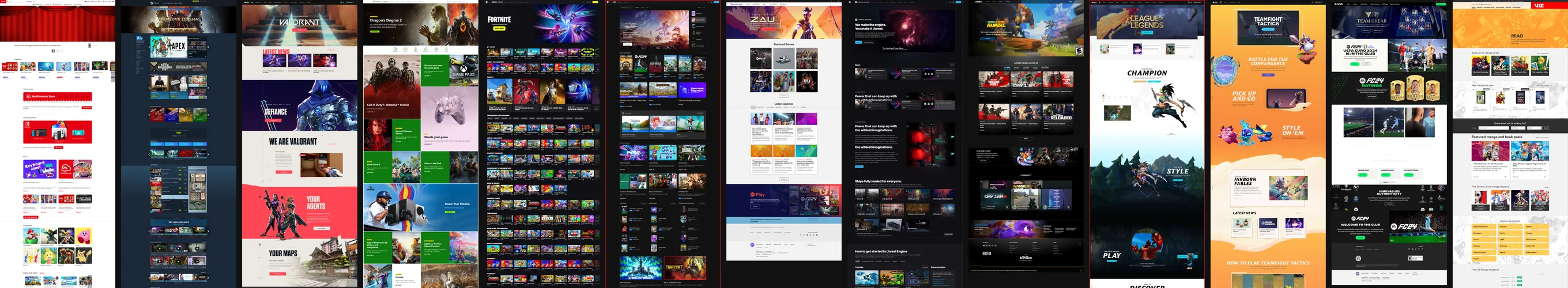 Thirteen full-length pages from other gaming platforms side by side, from Nintendo, Steam and Valorant to Fortnite, League of Legends and EA Sports FC.